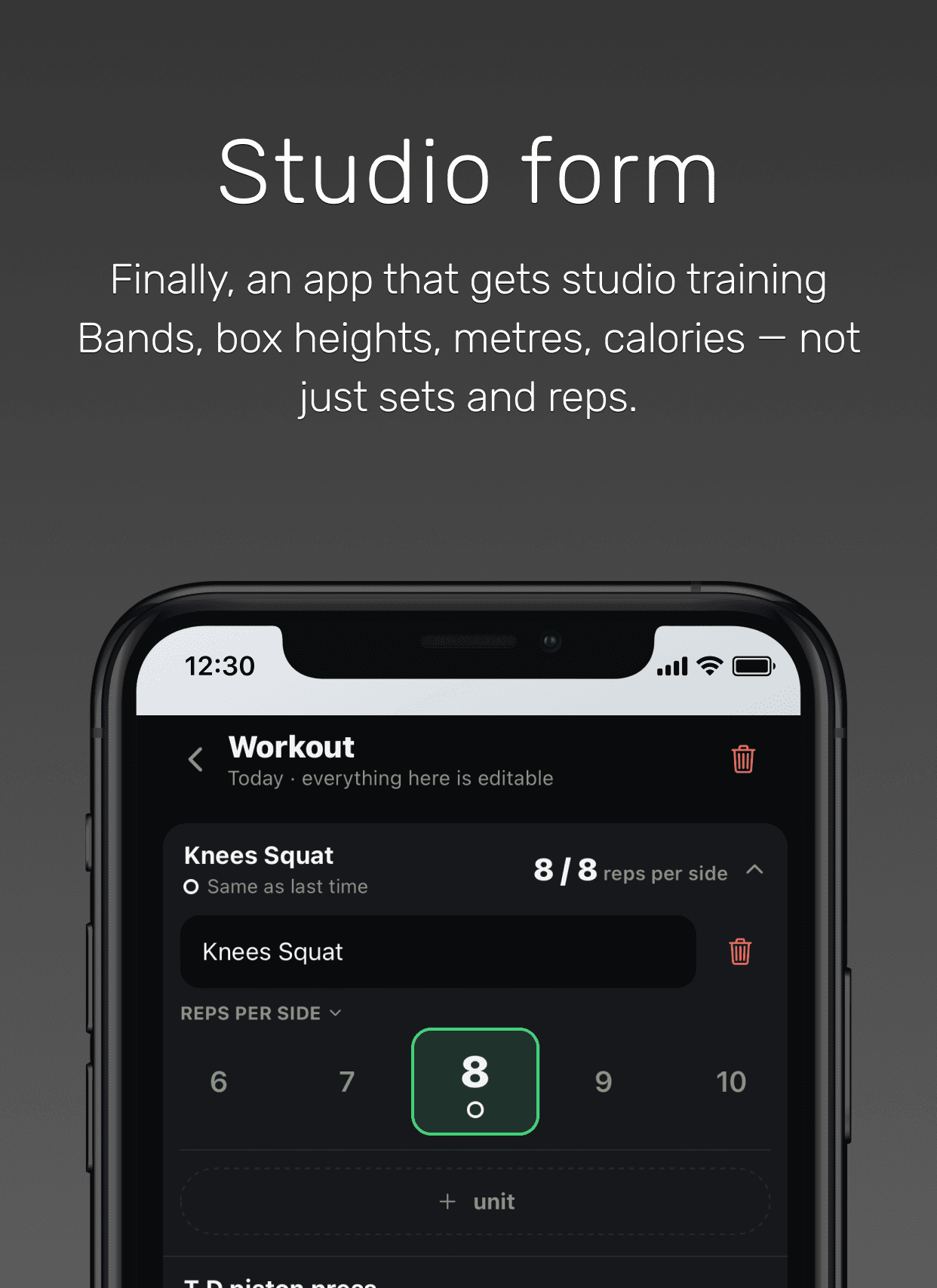 Studio form — reps-per-side picker built for studio and functional training